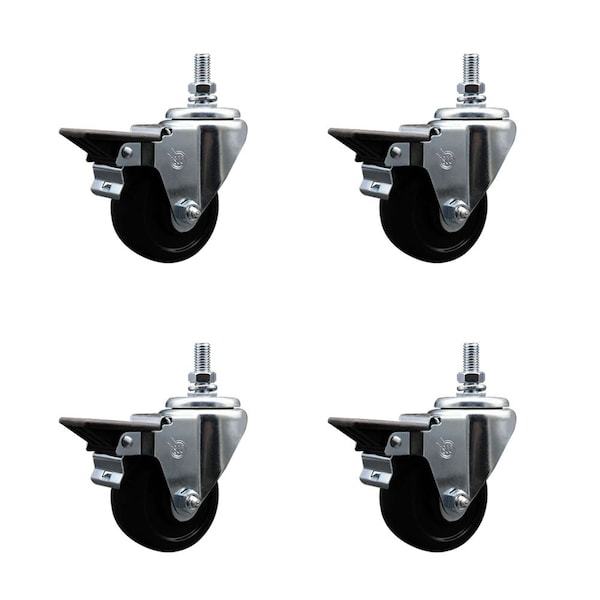 3 Inch Soft Rubber 10 MM Threaded Stem Caster Set with Brake